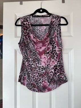 Sleeveless Pink Floral Leopard Cowl Neck Top Sz L